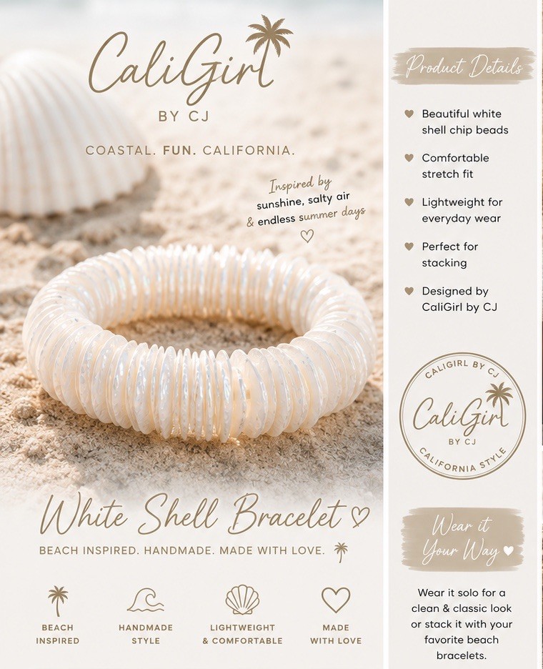 White Shell Chip Stretch Bracelet Beach Coastal Boho Jewelry CaliGirl by CJ
