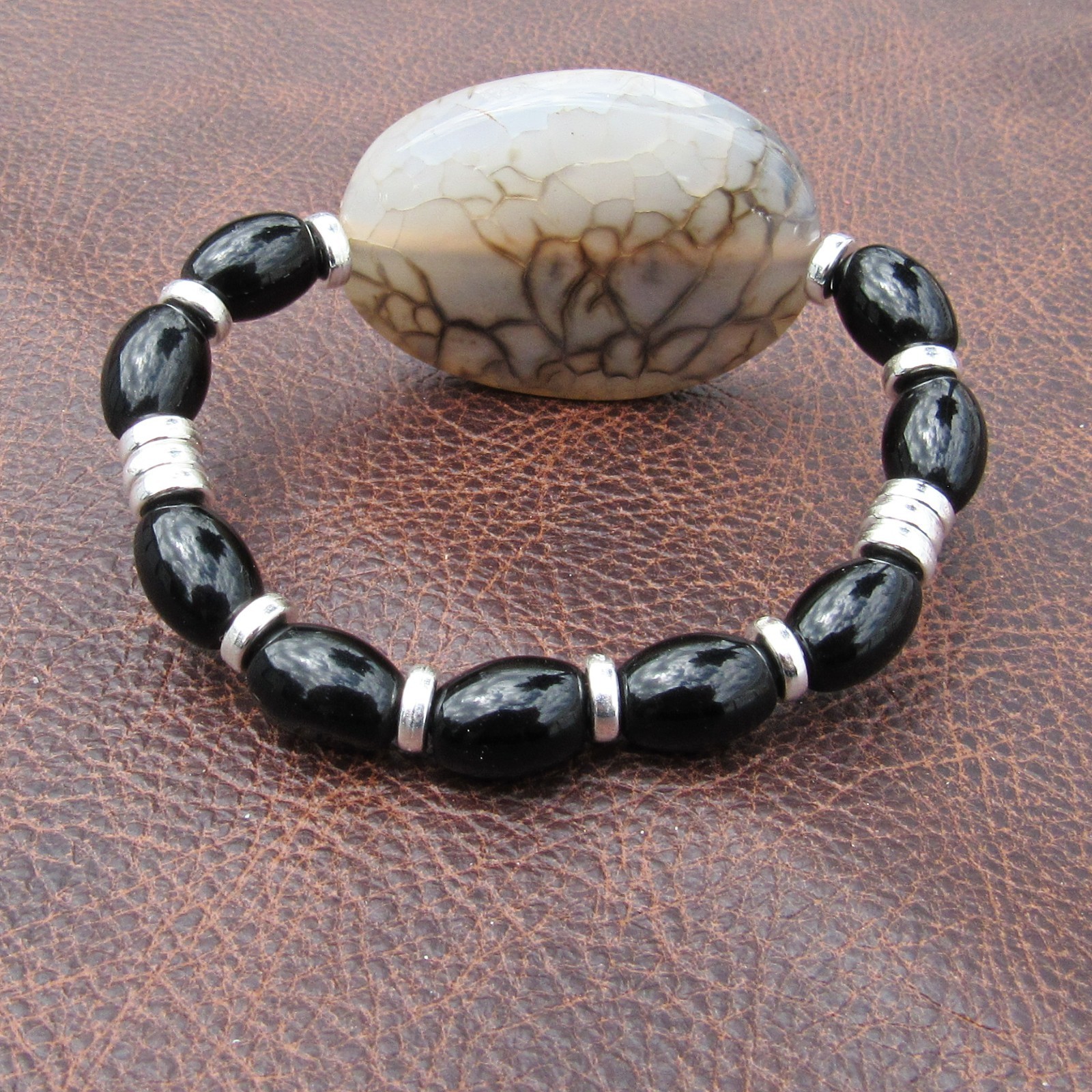 Black Fire Crackle Agate, Black Obsidian Stone Stretchy Bracelet 6 inches