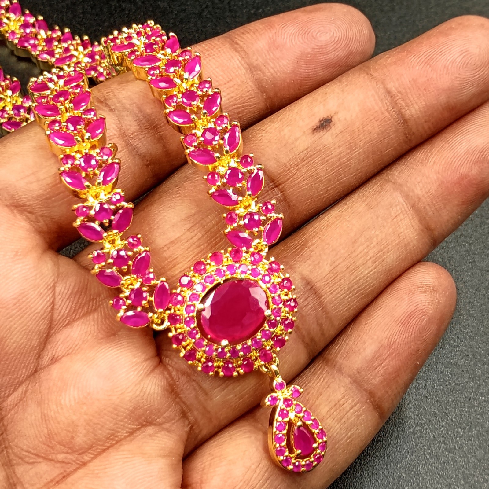 Traditional 22K Gold Plated Oval Red Ruby Necklace Set Bollywood Wedding Wear Gi