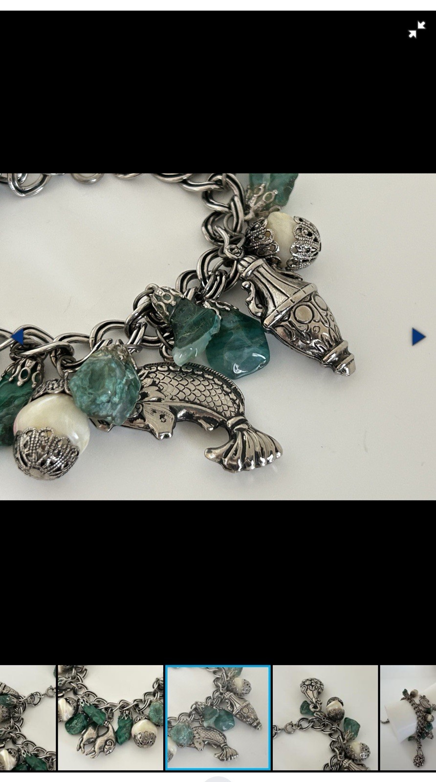 Silver Tone Cable Chain Charm Bracelet Lobster Clasp Green Stone Animal