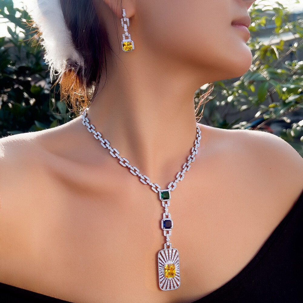 Women Silver Plated Long Chain Drop Necklace Earrings Zirconia Party Jewelry Set
