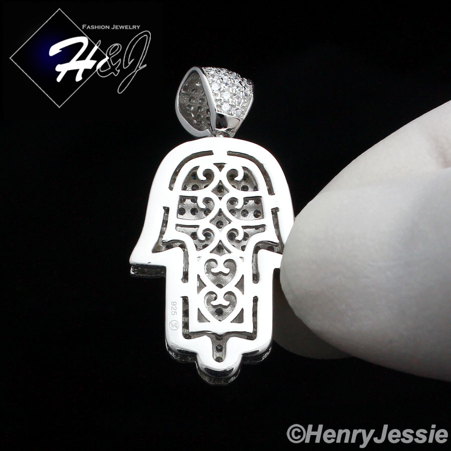 925 STERLING SILVER 24″X2MM BEAD CHAIN CUBIC ZIRCONIA 3D HAMSA HAND PENDANT*SP94