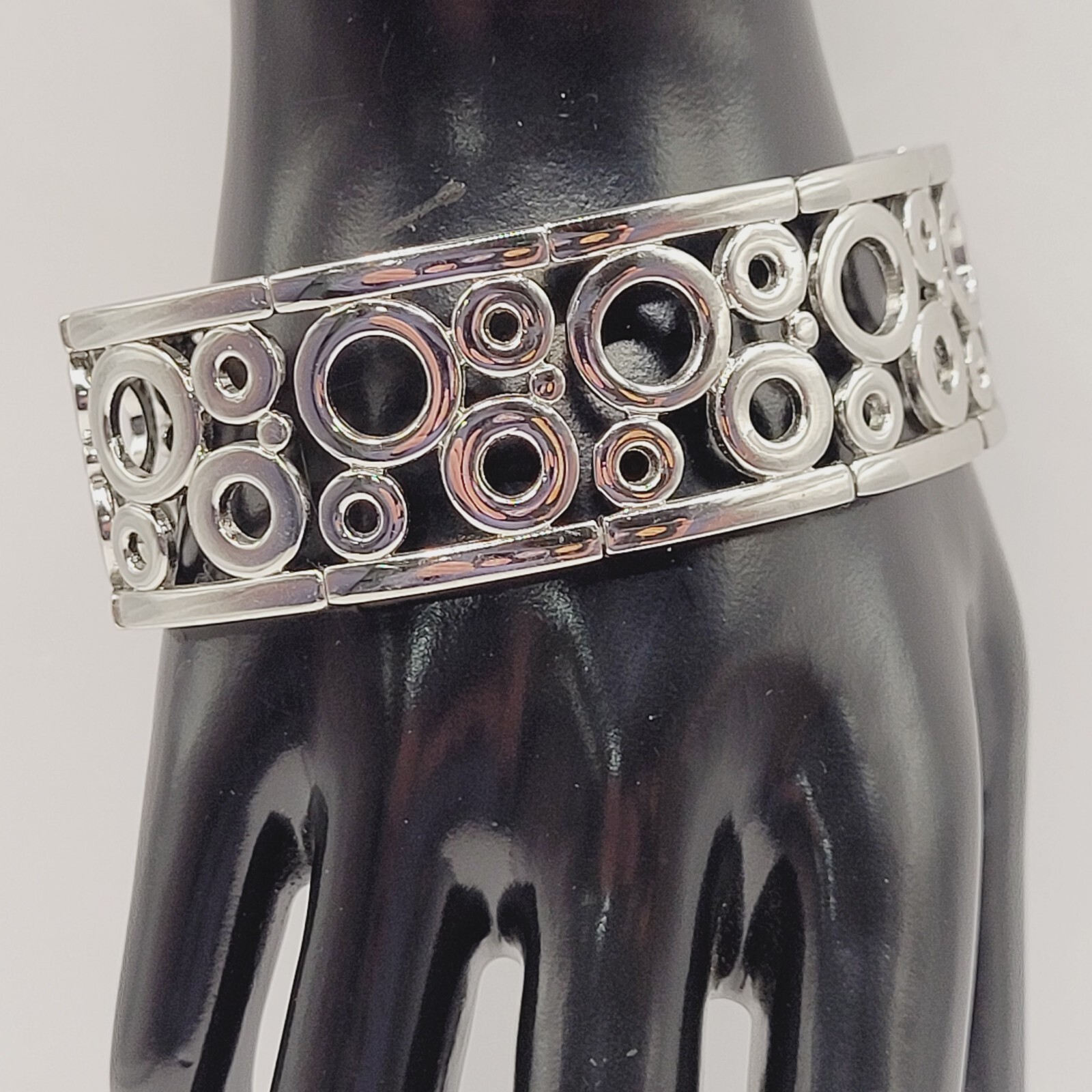 Modern Art Deco Open Circles Shiny Silver Tone Stretch Modernist Bracelet