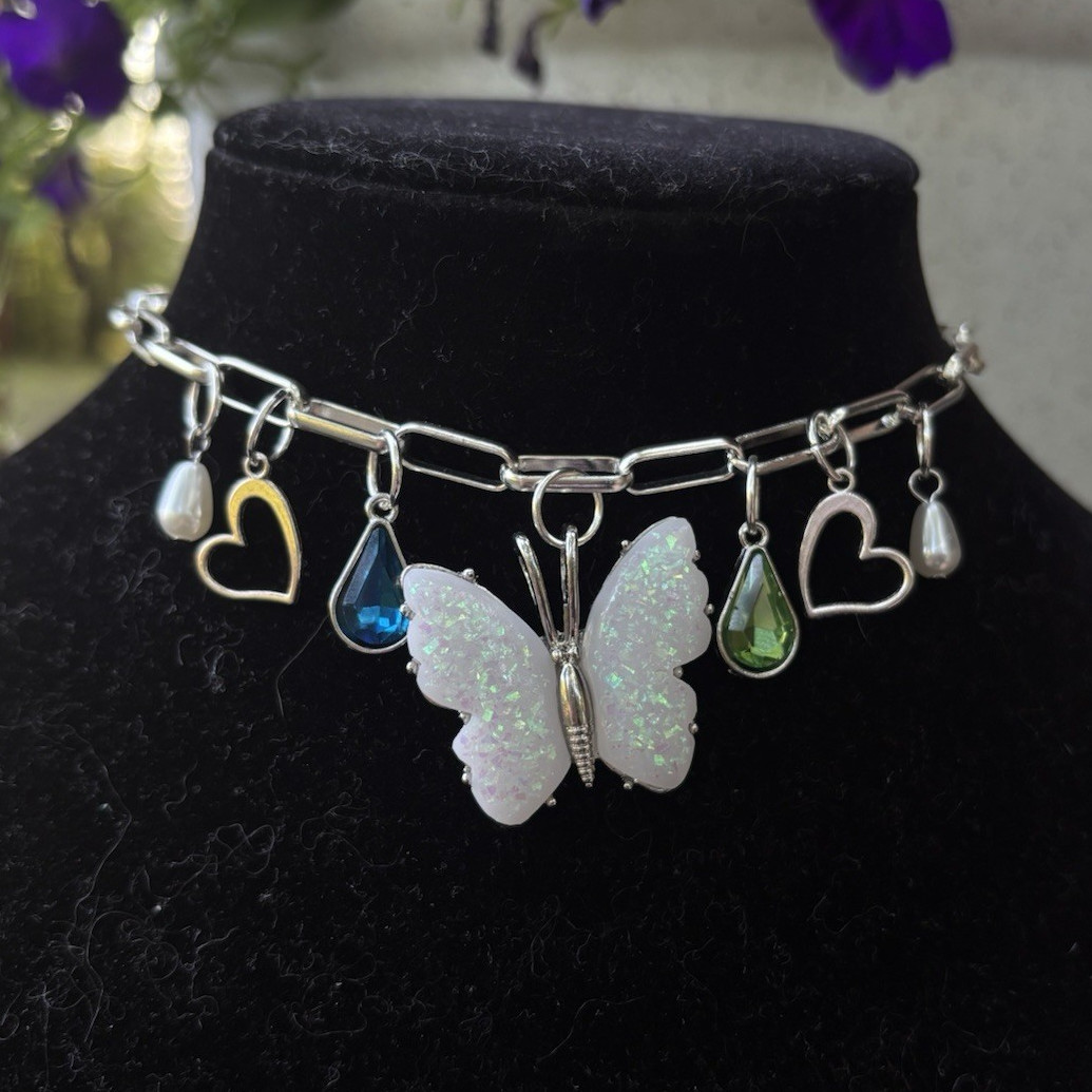 Handmade Butterfly Choker Opal Butterfly Pearl Charm Silver Necklace Fairy