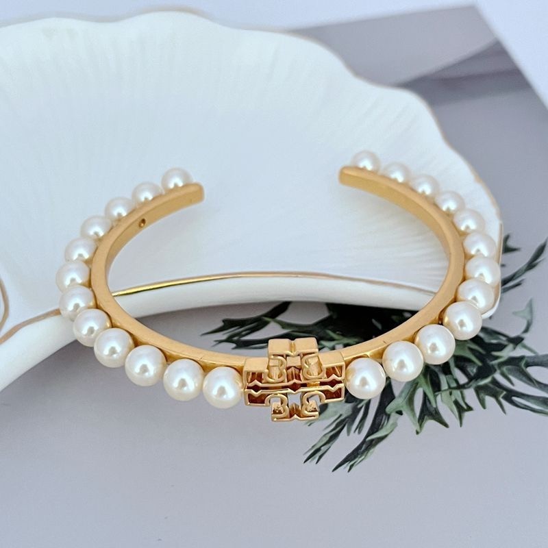New Burch Logo Pearl Cuff Bangle Ivory OS with Jewelry Pouch