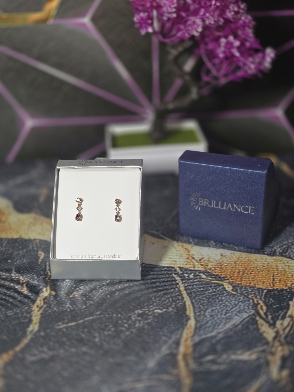 Brilliance Dangle/Drop Earrings Swarovski Crystals Purple/Clear Gold Tone