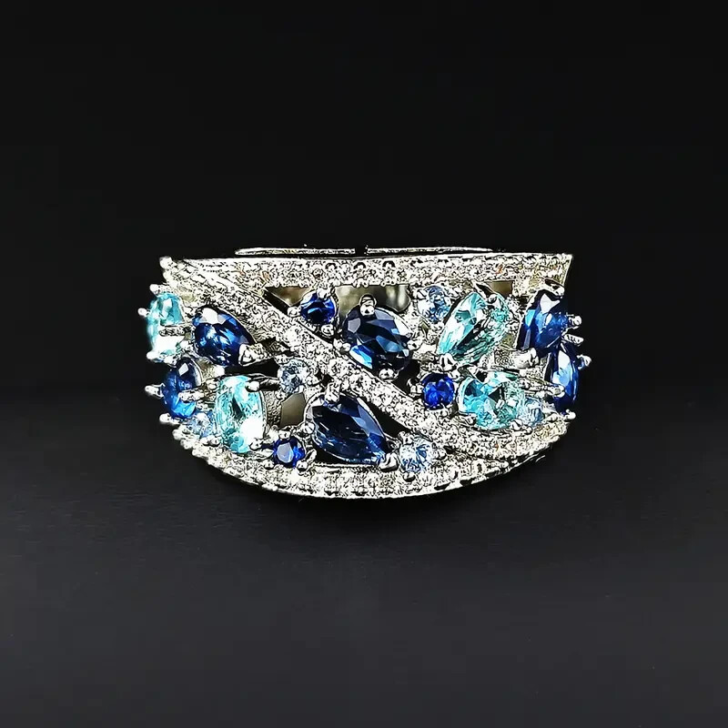 Elegant 925 Sterling Silver Blue White Topaz Wedding Engagement Ring Size 8