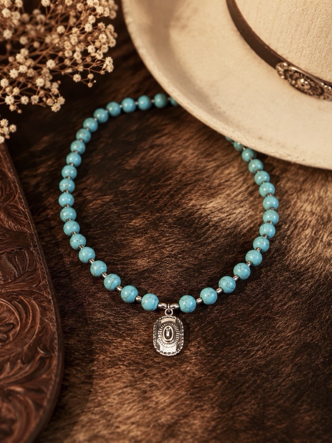 Turquoise Beaded Necklace Silver Bezel Oval Pendant Western Jewelry