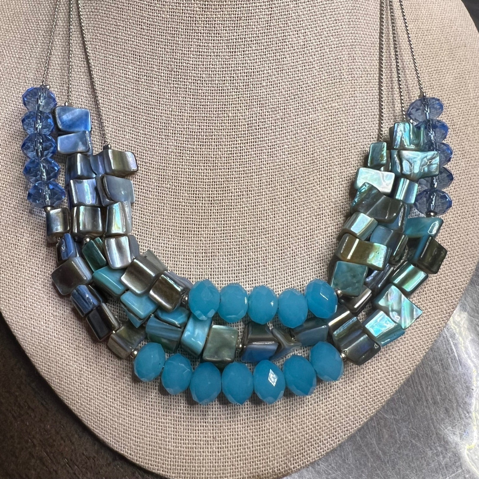 Blue Shell Bead Abalone Statement Necklace Fashion Jewelry Three Strand 17 in