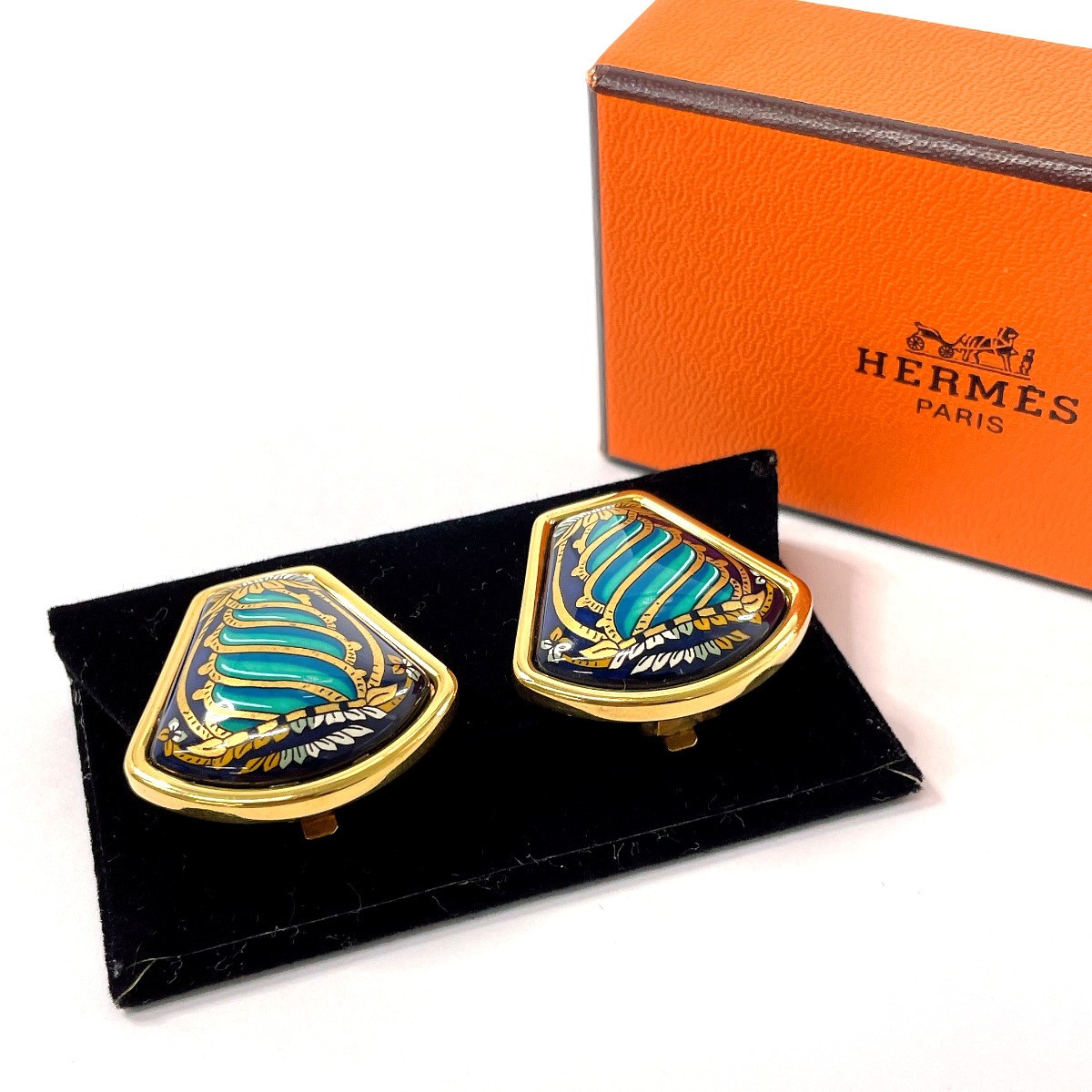 Hermes HERMES Earrings, Enamelware, Metal, Gold/Blue, Clip-On, With Storage Box