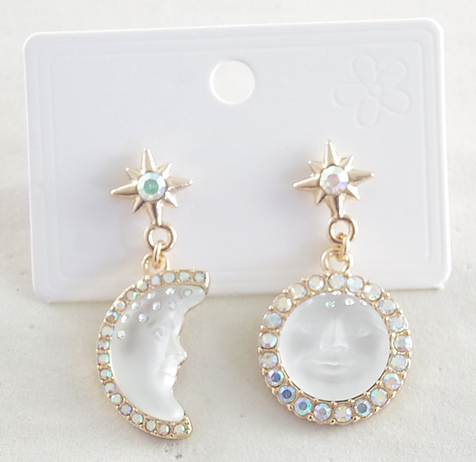 2″ KIRKS FOLLY WHITE SEAVIEW MOON FACE CRYSTAL RHINESTONE DROP DANGLE EARRINGS
