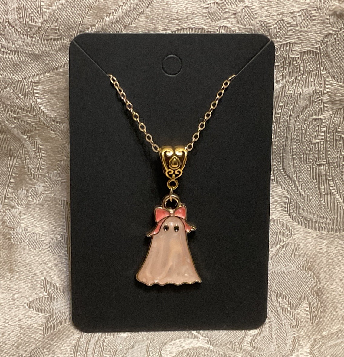 Retro Ghost Bow Whimsical Halloween Charm Bohemian Novelty Gold Boho Necklace