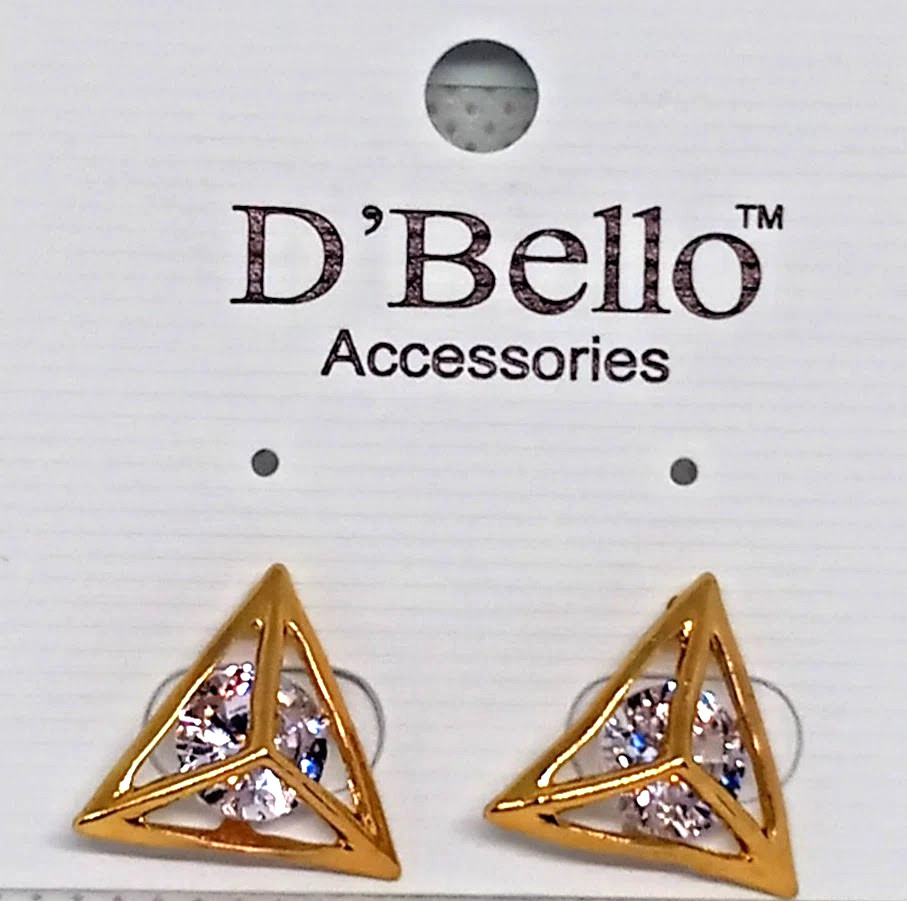 D’Bello Accessories Gold Tone Triangle Stud Earrings Caged Gem