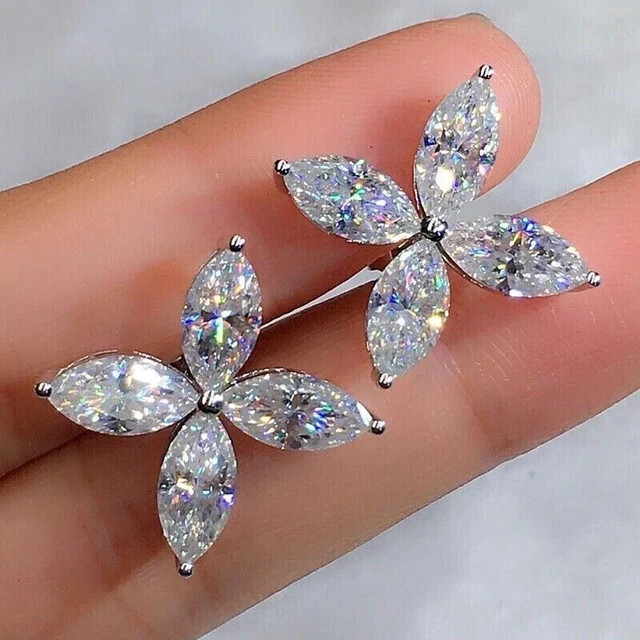 1.95Ct Marquise Cut Simulated Diamond Flower Stud Earrings 14K White Gold Plated