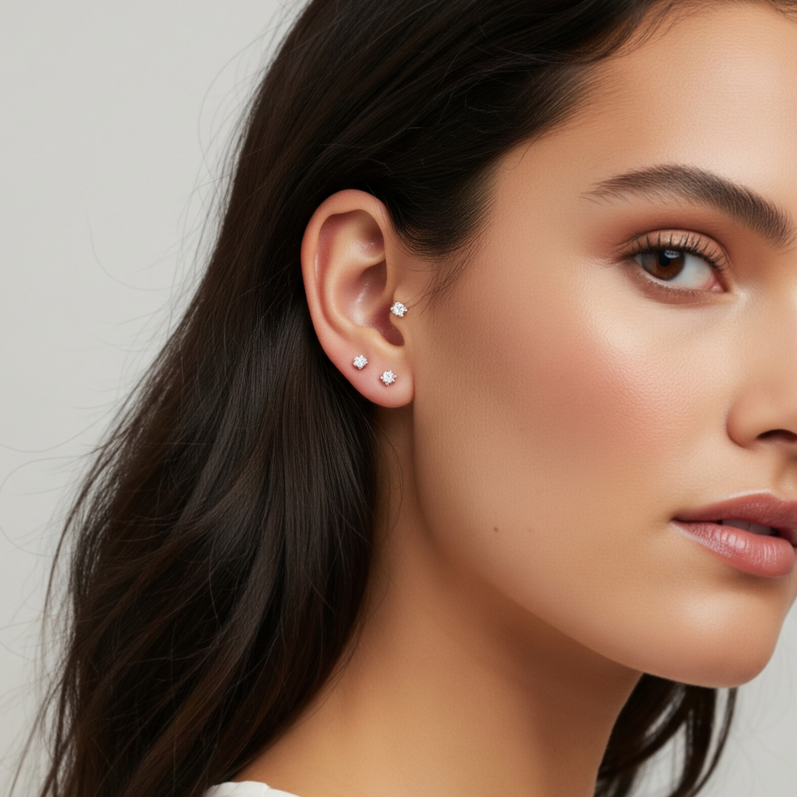 14K Real Solid Gold Solitaire Round CZ Sleeper Studs Earrings Silicone Push-back