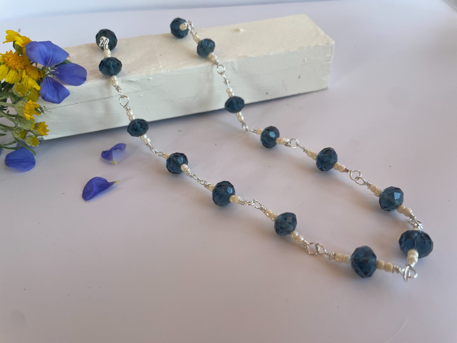 Unique Handmade Glass Midnight Blue and White Beaded Necklace