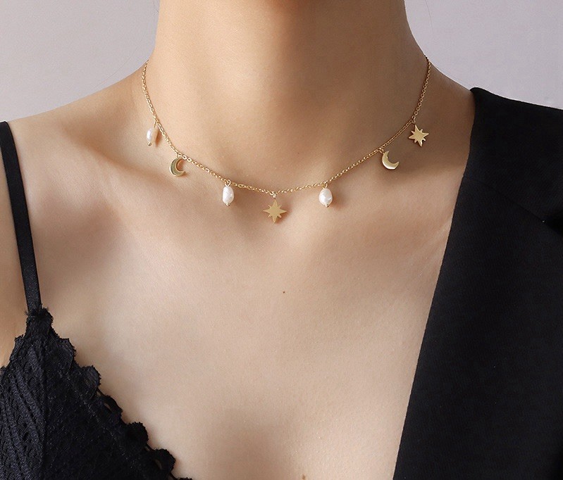 18k Gold Plated Moon Star Charm Pendant Necklace White Pearl Cable Chain