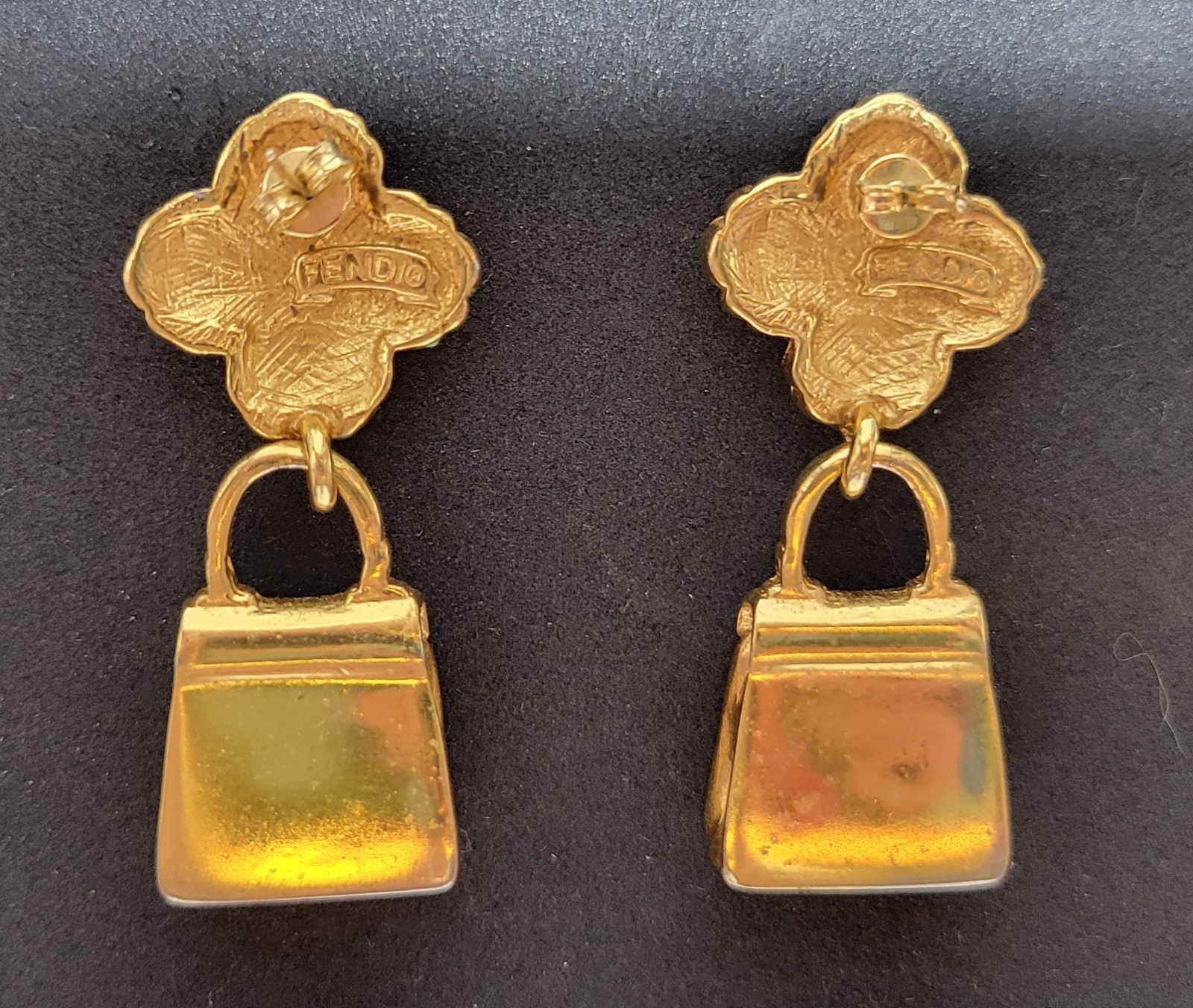 Vintage 1980’s Fendi Gold Plated Handbag Drop Earrings Clip-on / Signed