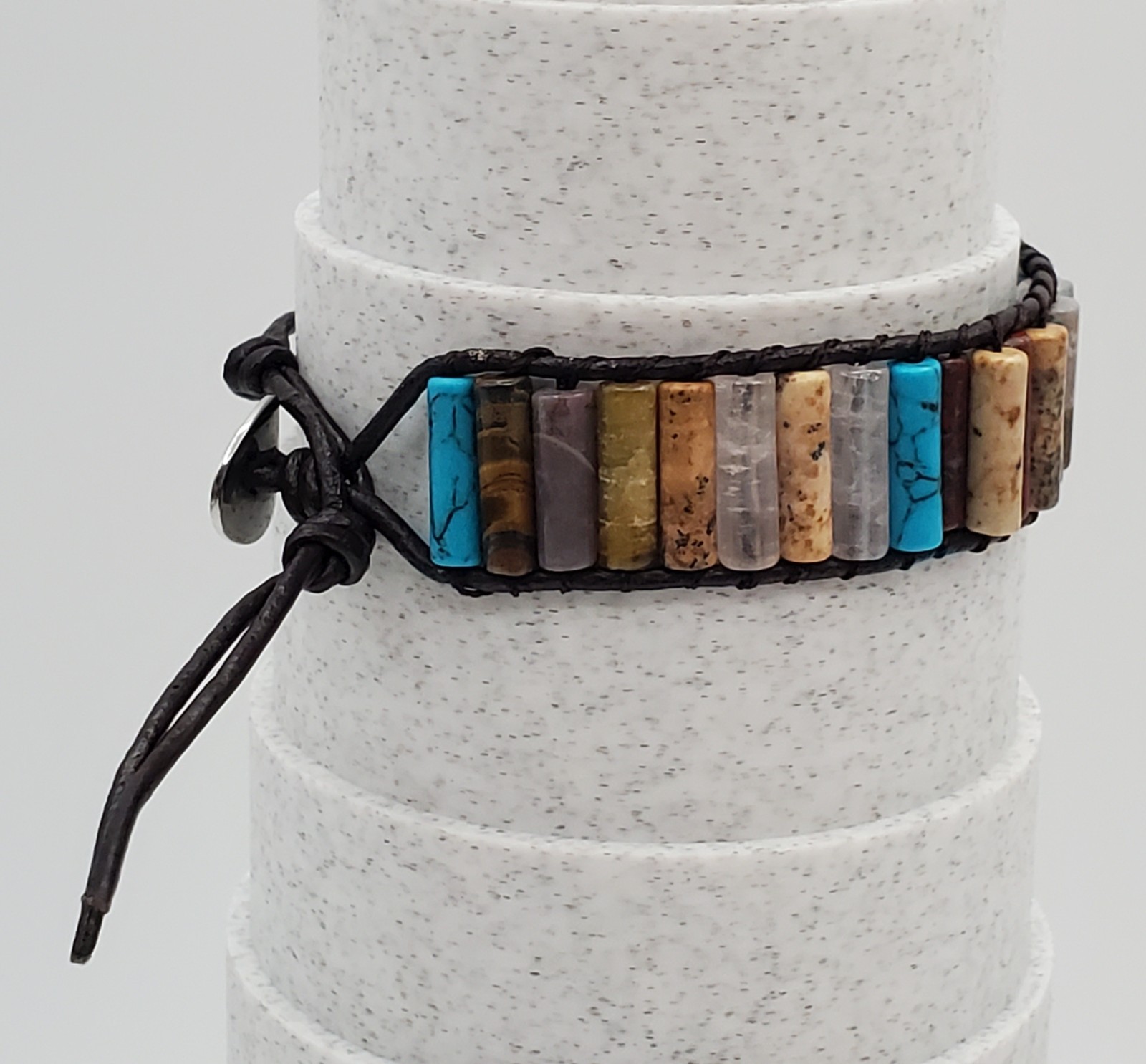 Southwest Stone Leather Wrap Bracelet 7in or 8in Unisex Multicolor Tube Beads