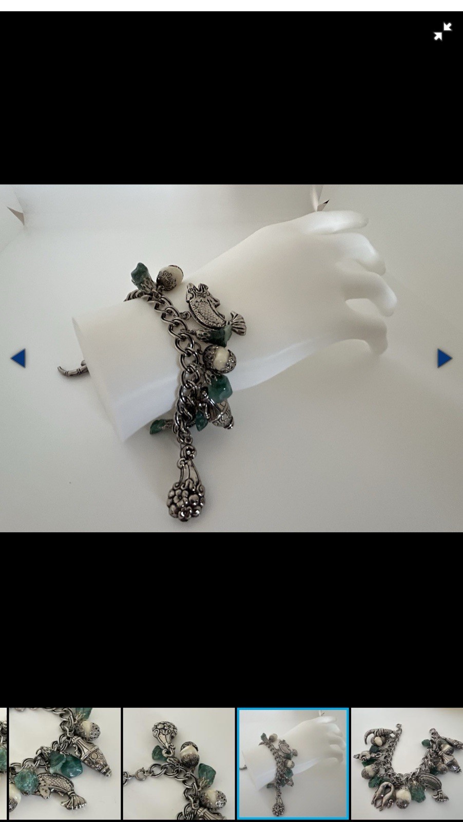 Silver Tone Cable Chain Charm Bracelet Lobster Clasp Green Stone Animal