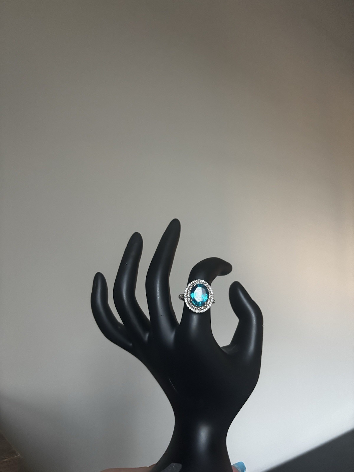 Silver Tone Oval Blue Stone Halo Cocktail Ring Size 6.5 Metal Jewelry