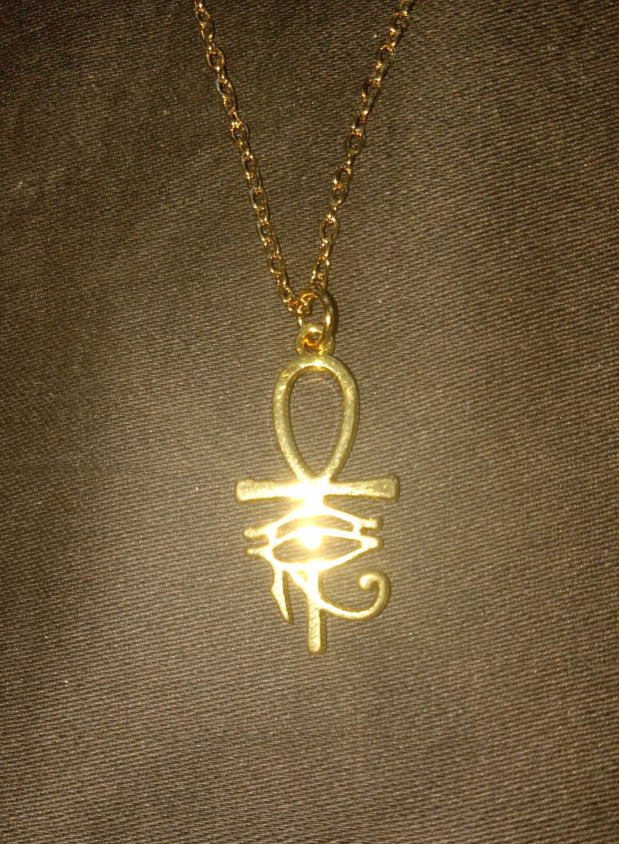 Golden ANKH Eye of Horus Pendant on Silver Plated Chain Necklace Egypt, Art Deco