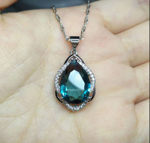 Lab Created London Blue Topaz Tea Drop Pendant 14K White Gold Finish Free Chain