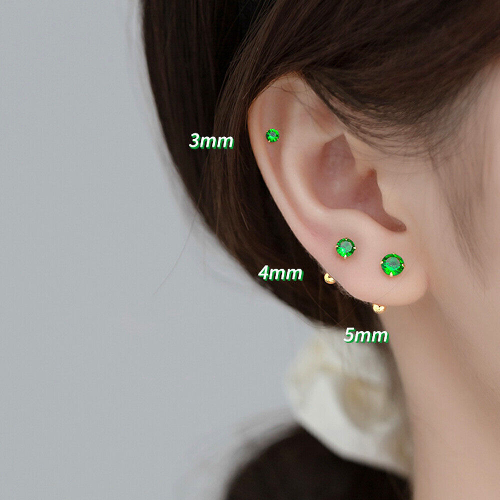 925 Sterling Silver Solitaire Green CZ Stud Helix Tragud Piercing Earrings A4138