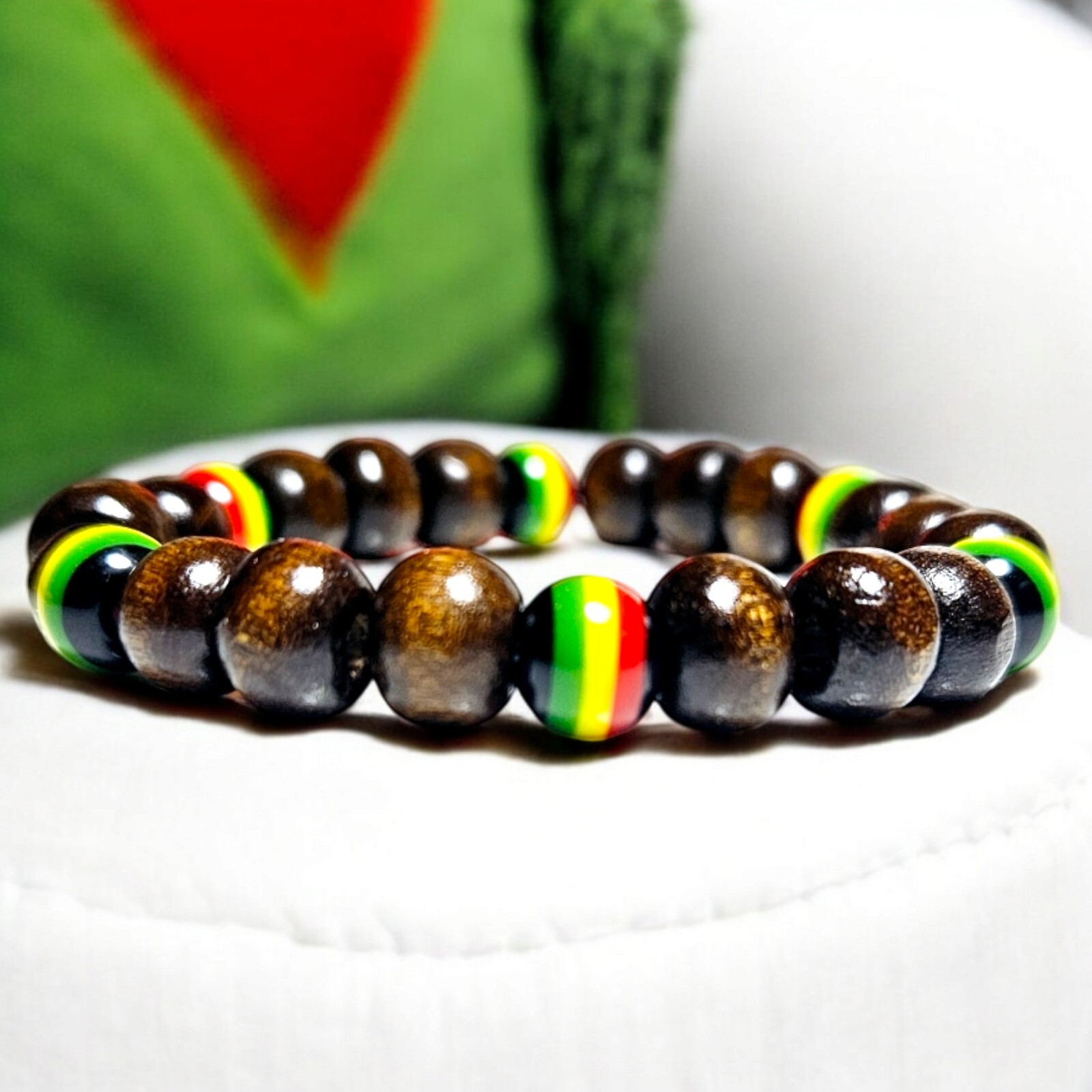 Dark Brown Wood w/ Rasta Beads Simple Design 8mm Beaded Bracelet Wrist Size 7.5