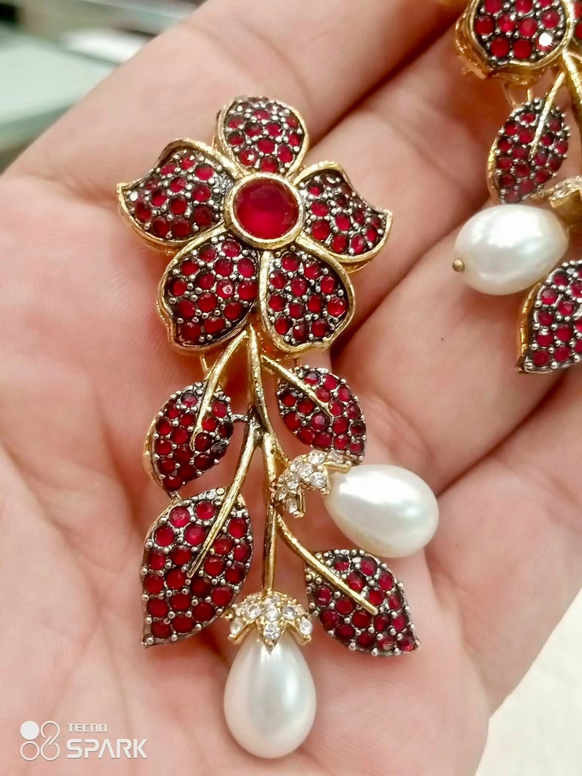 Pakistani Gold Plated Red Crystal Bridal Earrings Flower Dangle Wedding Jewelry
