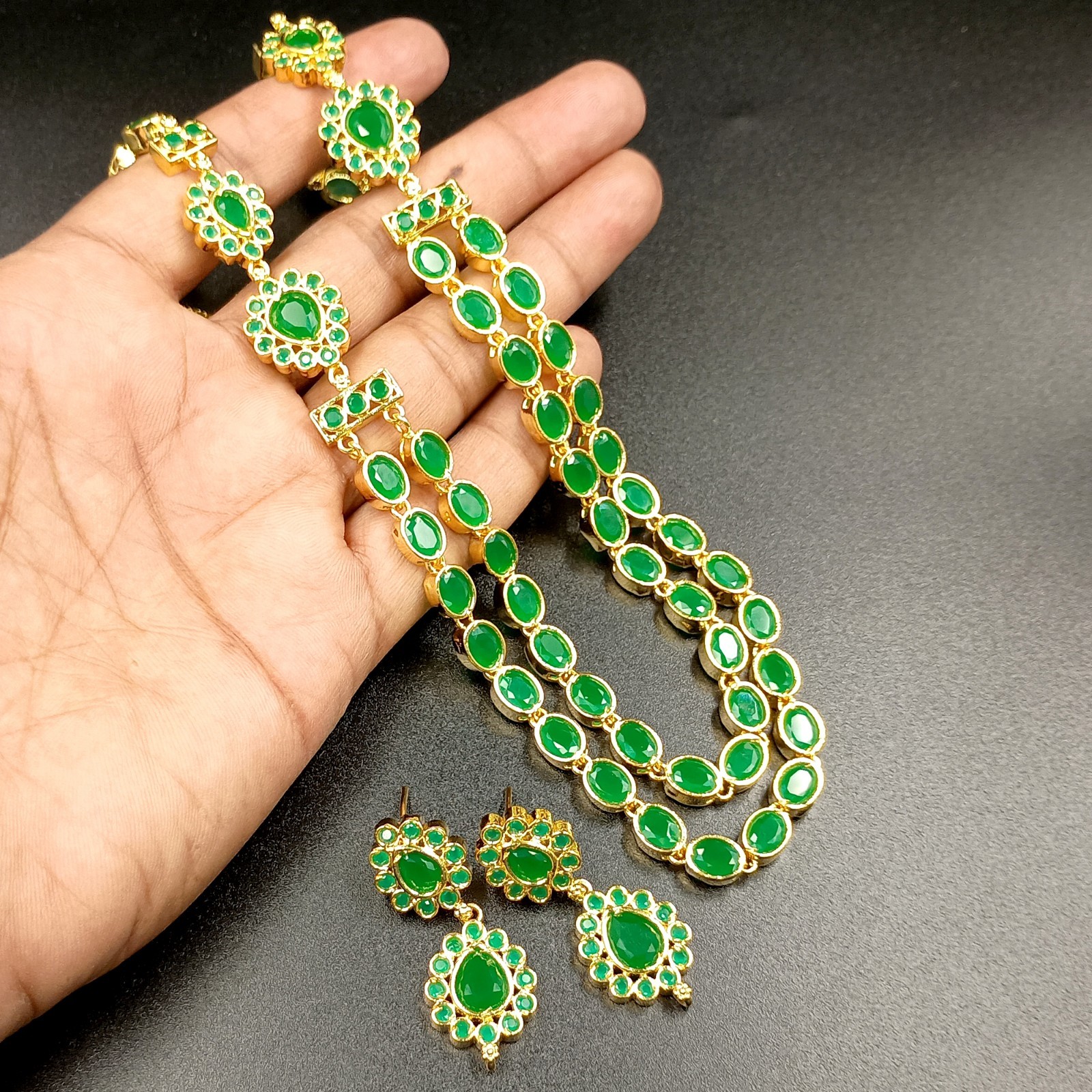Vintage 2 Layer Green Emerald Choker Necklace Earrings Set 22K Gold Plated Gift
