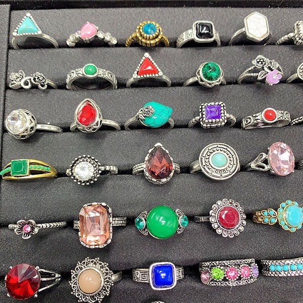 50pcs Bulk Lots Vintage Crystal Stone Mix Plated antique silver Jewelry Ring