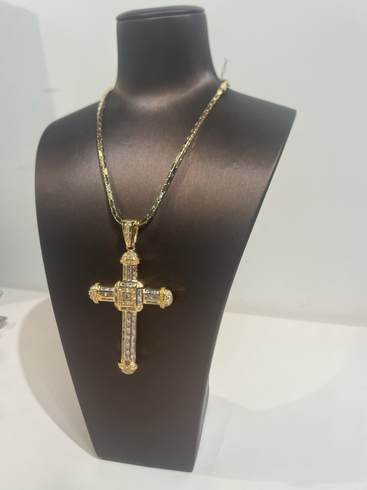 Gold Plated, Cross, Necklace, Baguette, And Round Cd Stones Pendant Unisex