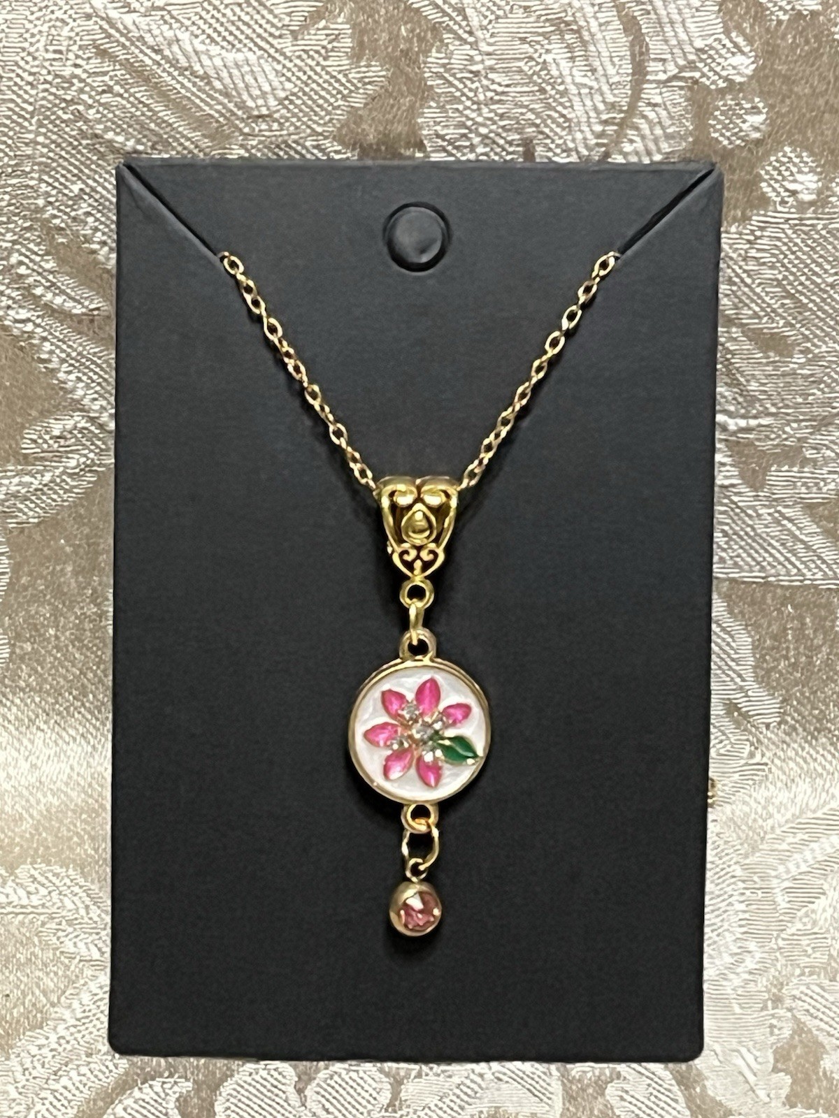 Retro Floral Gem Enamel Pendant Gold 18” Necklace Bohemian Floral Novelty