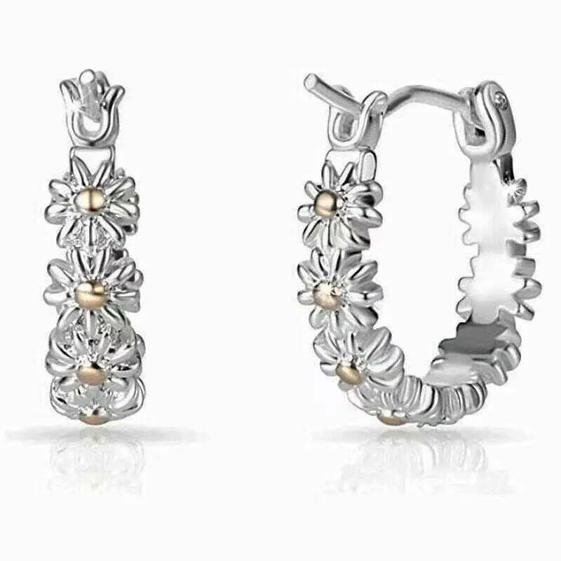 Womens Flower Sterling Silver 925 Gold Hoop Earrings Beauty Fashion Jewelry