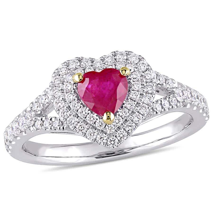 AMOUR Heart Shape Ruby and 2/5 CT TW Diamond Double Halo Ring In 14K White Gold