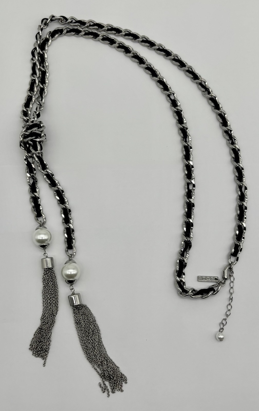 White House Black Market Silver-Tone Links W/Black Ribbon Double Tassel Necklace