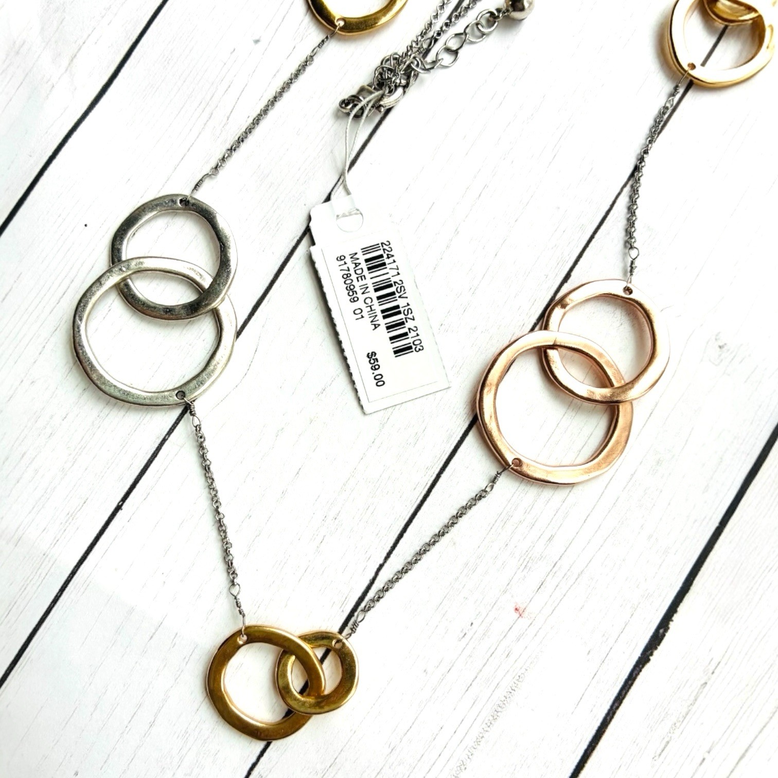 NEW NWT J. Jill Tri-Tone Circle Long Necklace Gold, Rose Gold, Silver $59 Tag