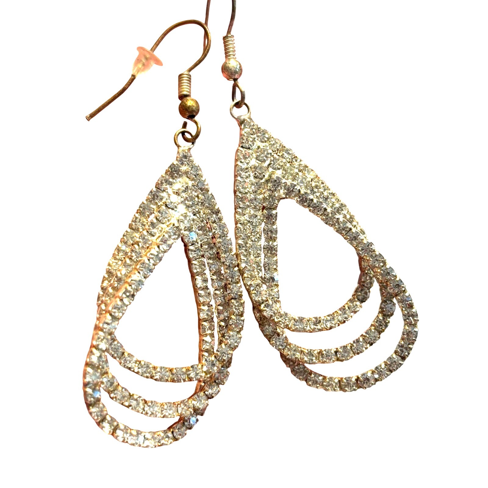 Dramatic pierced earrings silver & clear white rhinestone dimensional teardrops