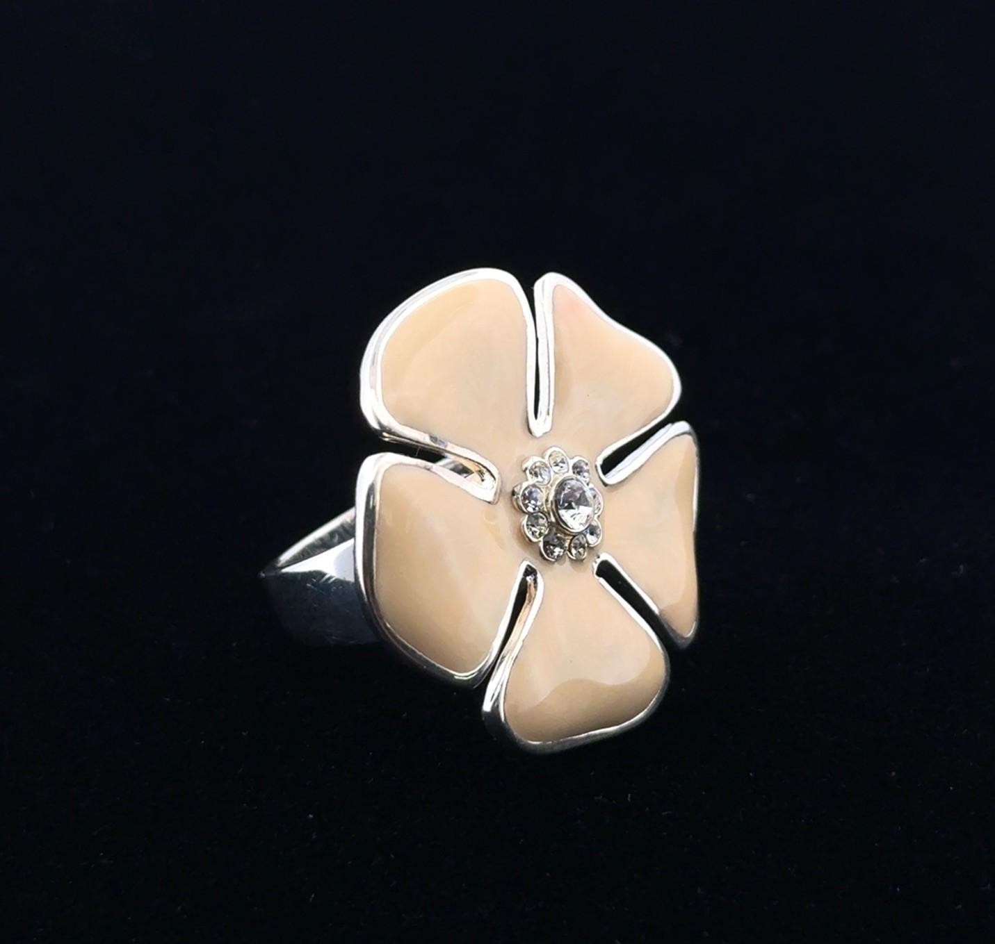 Size: 10 David Sigal 925 Sterling Silver Cream Enamel Flower CZ Ring 13.1g