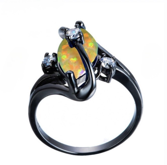 Gorgeous Unique Black Gold Filled Yellow Fire Opal CZ Marquise Ring Size 6