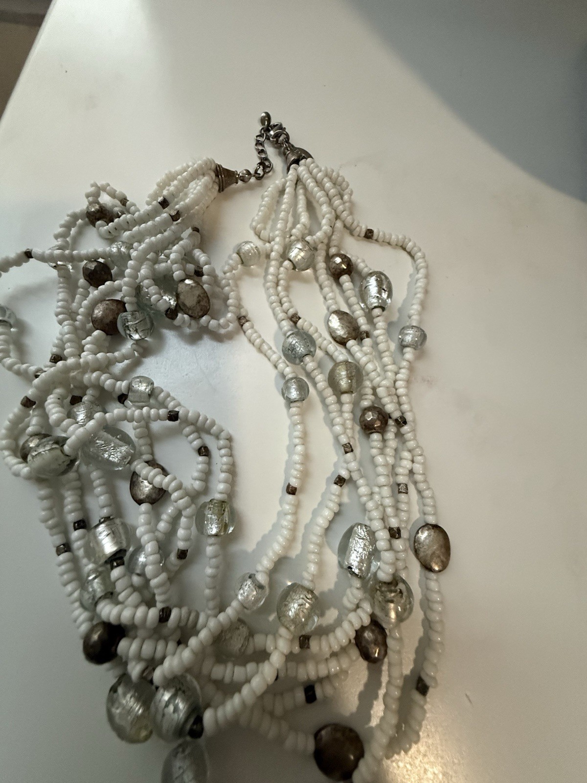 White & Silver Multi-Strand Glass Beaded Statement Necklace, Lobster, Adj.