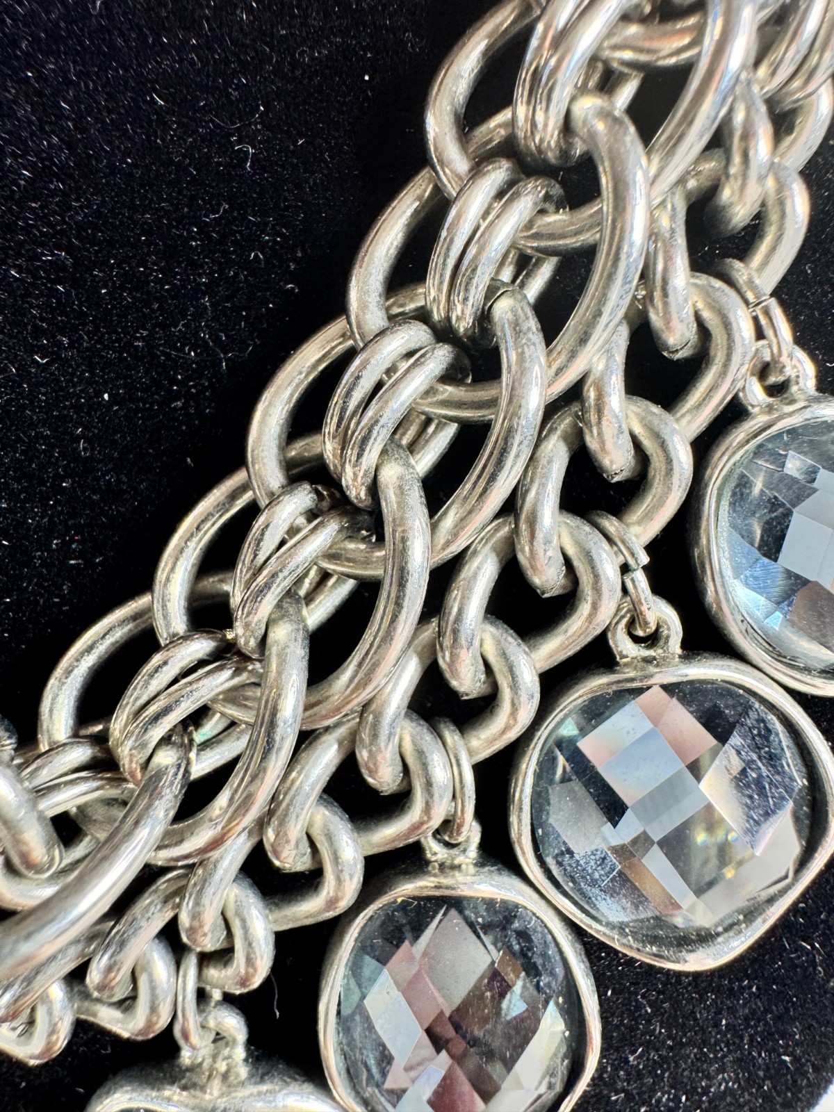 Chunky Silver Tone Chain Necklace Faceted Gray Glass Crystal Statement Bib Neckl