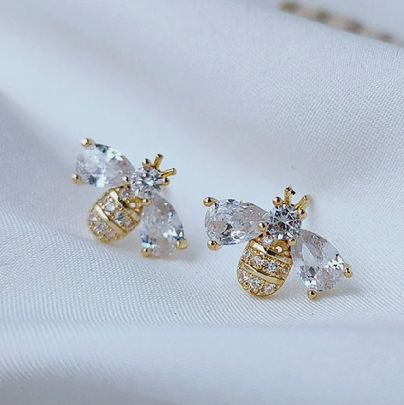 2024 Fashion Gold Women Bee Animal Zircon Earrings Stud Wedding Jewelry Gift New