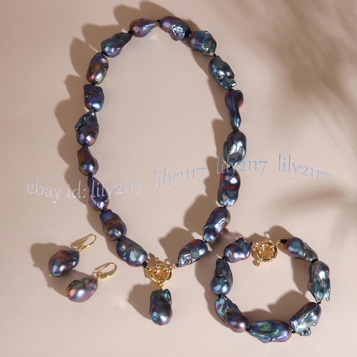 Natural Peacock Black Baroque Keshi Pearl Pendant Necklace Bracelet Earrings Set