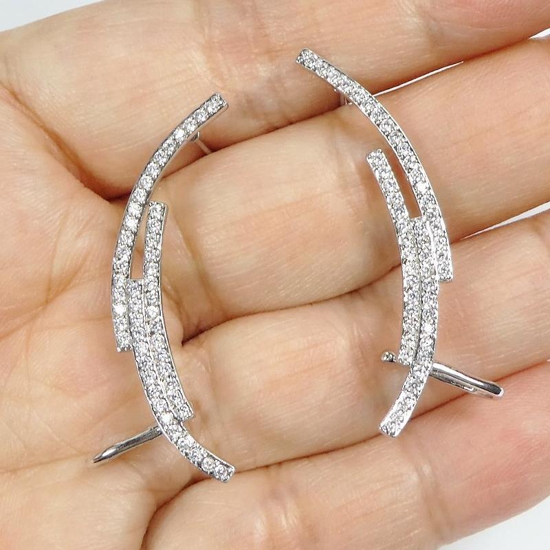 Shiny Silver Rhodium Plated CZ Pave Minimal Lines Earrings Ear Climber Crawler