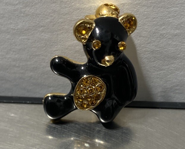Vintage ROMAN Teddy Bear Pin Black Enamel With Amber Rhinestones Signed