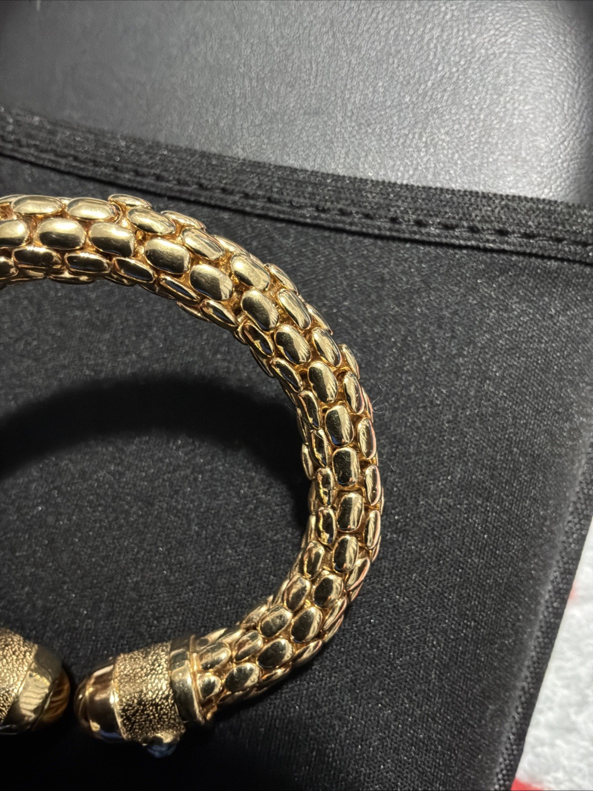 Vintage Runway Gold Tone Red Blue Green Glass Snake Skin Open Cuff Bracelet