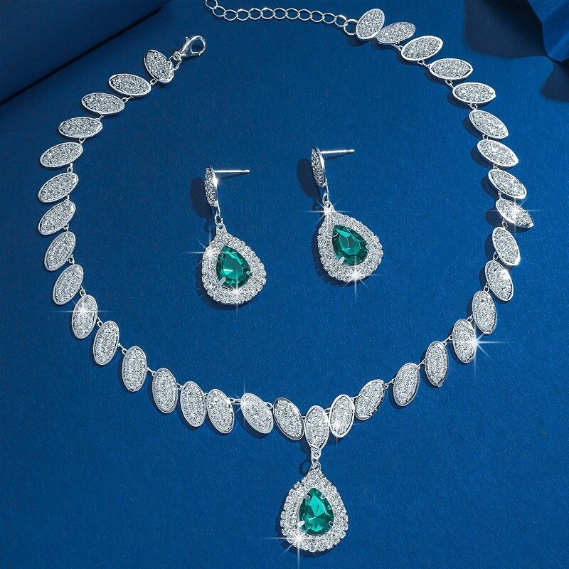 Purple/Clear/Blue Crystal Rhinestone Oval Teardrop Necklace Earrings Jewelry Set