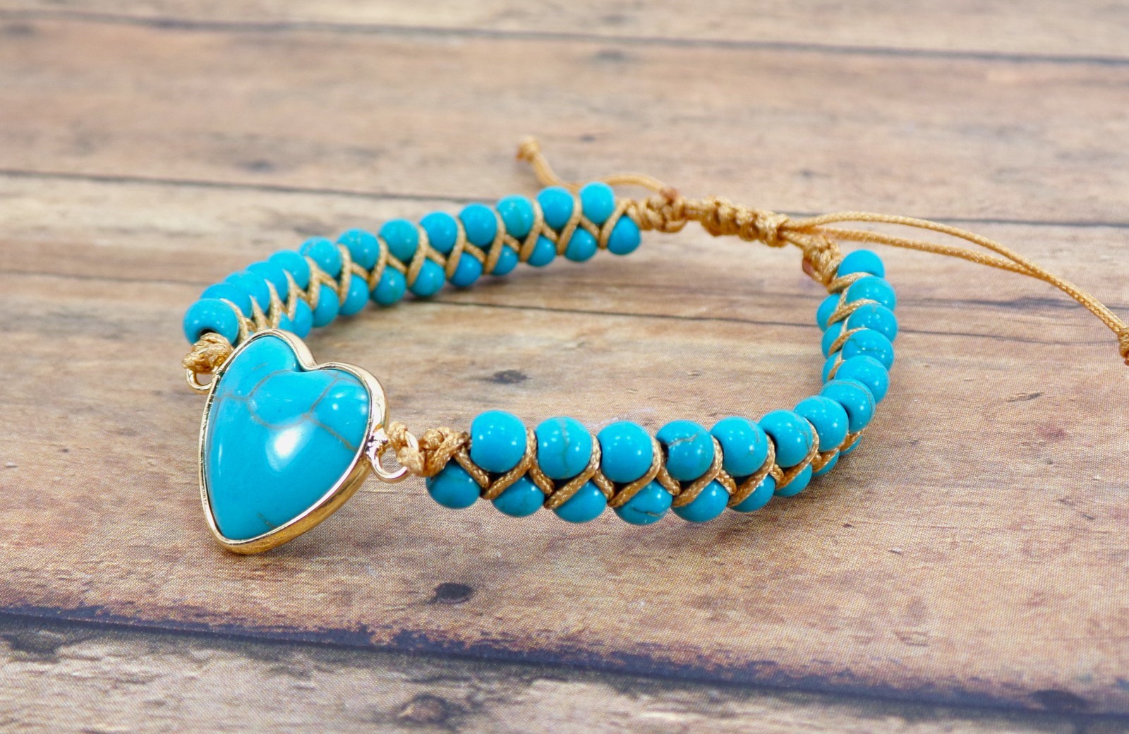 Turquoise stone heart bracelet with all round stones brown cord adjustable New